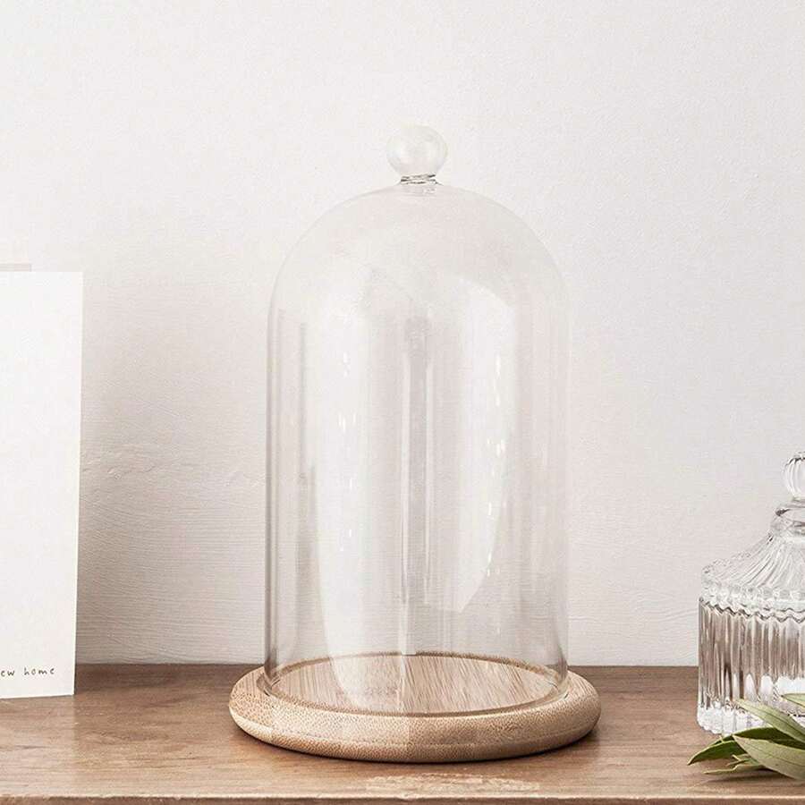 Elegante Glasglocke für konservierte Blumen - 10 x 19 cm, inklusive kleiner Dekokugeln, mit flachem Sockel aus Bambus und Holz für eine zeitlose Blumenpräsentation. - Weiss - Übersicht 1