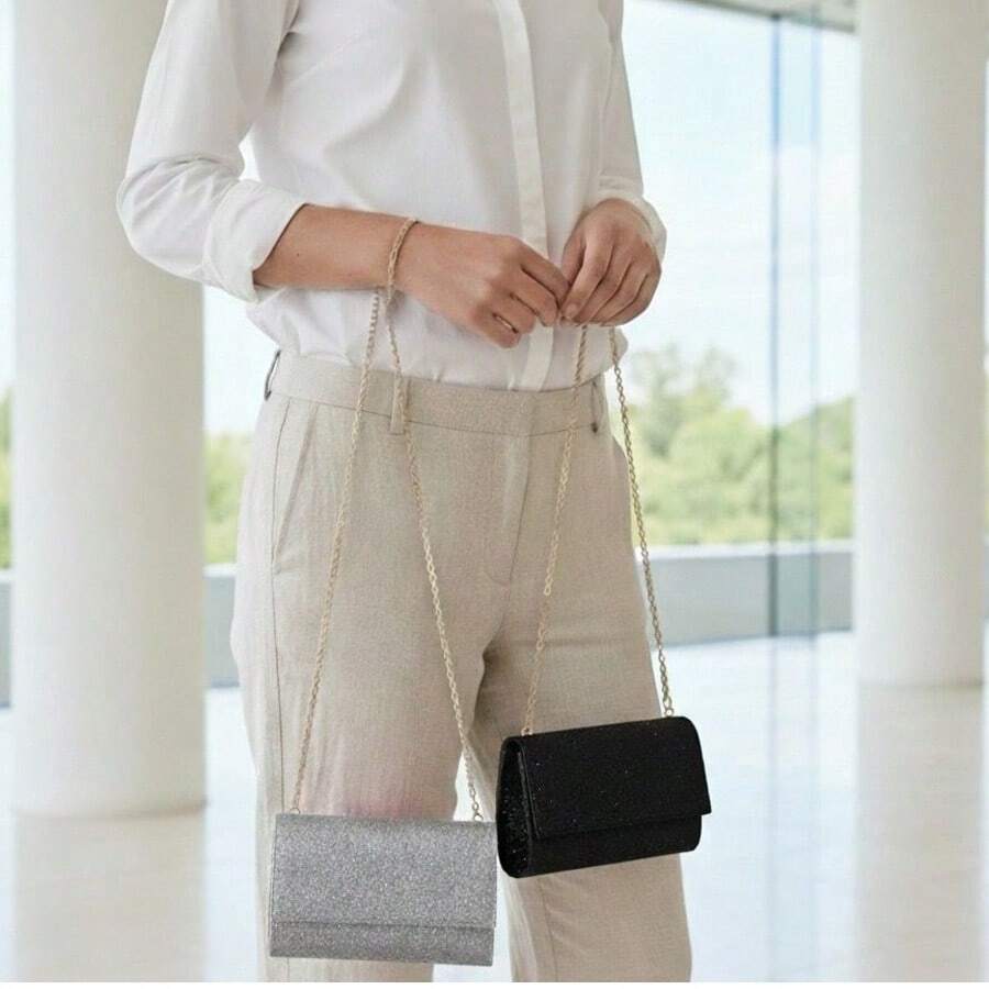 Kit 2 Square Bags Women's Handbag Shiny Party Chain Shoulder Strap With Glitter Blogger - Black - View 1