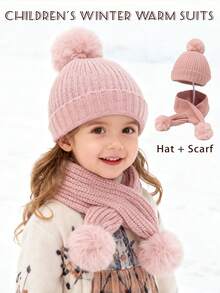 1 Set Kids Solid Color Thickened Knit Beanie Hat And Scarf, Unisex Autumn/Winter - Pom-pom Scarf + Solid Color Beanie - View 3