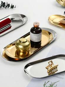 1pc/3pcs Gold Eid Mubarak Oval Stainless Steel Tray, Drink Coaster, Desktop Organizer, Metal Plate For Dessert, Snack, Jewelry - Multicolor - View 8