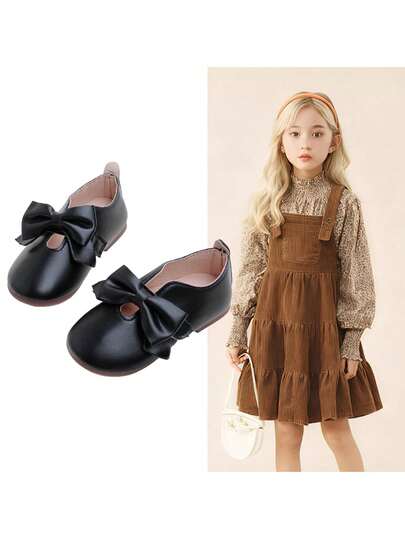 1 Pair Fashion Solid Color Cute Bow Hook And Loop Flat Shoes For Girls, Comfortable & Durable, Suitable For All Seasons