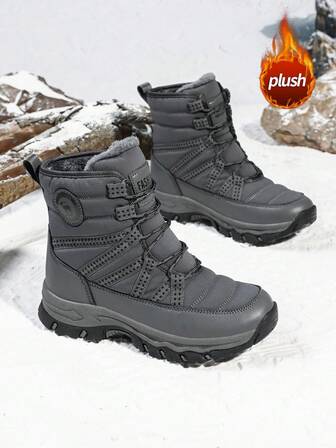 Women's Snow Boots, New Autumn/Winter Plush Lining Warm Boots, Snow Non-Slip Thick Sole Durable Mid-Calf Boots With Lace-Up Design, Tight Insulation, Outdoor/Hiking/Sub-Zero Temperature Resistant Boots, Leather & Fabric Upper, Solid Color, High-End, Fuzzy, Fashion Versatile High-Top Winter Boots