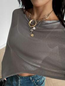 Women's Asymmetric Shawl Collar Y2K Style Batwing Sleeve Cropped Knit Top, Lightweight Sheer Pullover Sweater For Beach, Vacation, Autumn - Brown - View 11