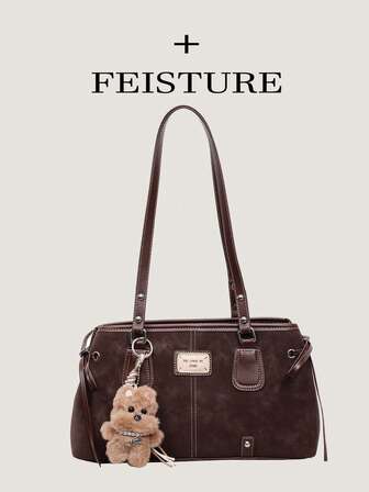 1pc FEISTURE Vintage PU Leather Large Capacity Underarm Bag, Bowling Style Commuter Bag For Women, Get A Free Pendant With Store Follow, Suitable For Daily Outing, Dating, Commuting