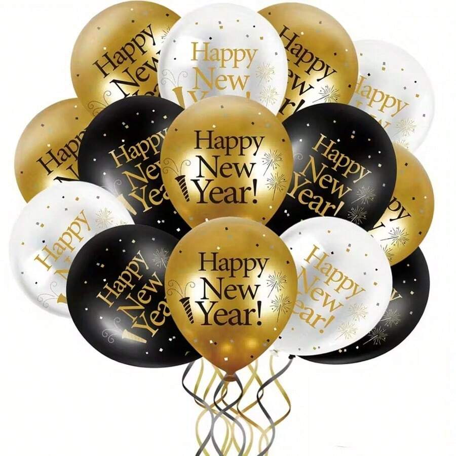 15pcs 3-Color New Year Print Latex Balloons, Random Colors (White, Gold, Black), Party Supplies, Suitable For Indoor/Outdoor, Events Decoration, Festivals, Balloon Decor, Fashionable Party Decoration, High Quality Balloons