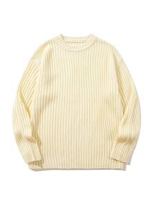Modcrash Men's Casual Loose Solid Color Ribbed Basic Versatile Retro Commuting Cozy High-End Knit Sweater, Long Sleeve Crew Neck Pullover, Autumn/Winter - Apricot - View 4
