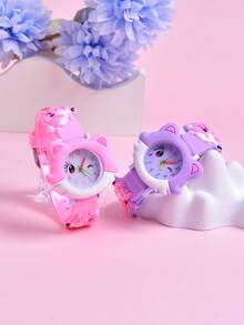 2pcs/Set Girls Cartoon Cute Winking Cat Soft Silicone Strap Children's Pointer Watch, Student Creative Animal Pattern Quartz Wristwatch - Multicolor - View 8