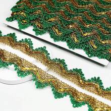 Length15 Yards,Width4cm/1.97Inch, Gold Green Sequin Lace Trim Ribbon Decorated Gimp Trim Wedding Bridal, Performance Costumes Or Jewelry, Crafts And Sewing (Gold & Green) - Kim sa bạc - Xem 1
