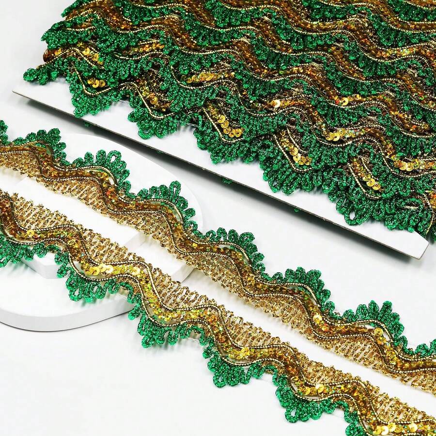 Length15 Yards,Width4cm/1.97Inch, Gold Green Sequin Lace Trim Ribbon Decorated Gimp Trim Wedding Bridal, Performance Costumes Or Jewelry, Crafts And Sewing (Gold & Green) - Kim sa bạc - Xem 1