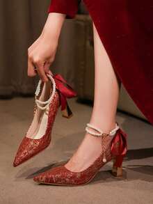 Studded Square Toe Mary Jane Pumps, Versatile Buckle Strap High Heels, Fashionable Sexy Slingback Red Patent Leather Chunky Heels For Women,Party Outfits - Red - View 2