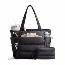 Puffer Tote Bag For Women, Lightweight Puffy Work Handbag Teacher Nurse Quilted Shoulder Bag For School Travel Gym - Black - View 1