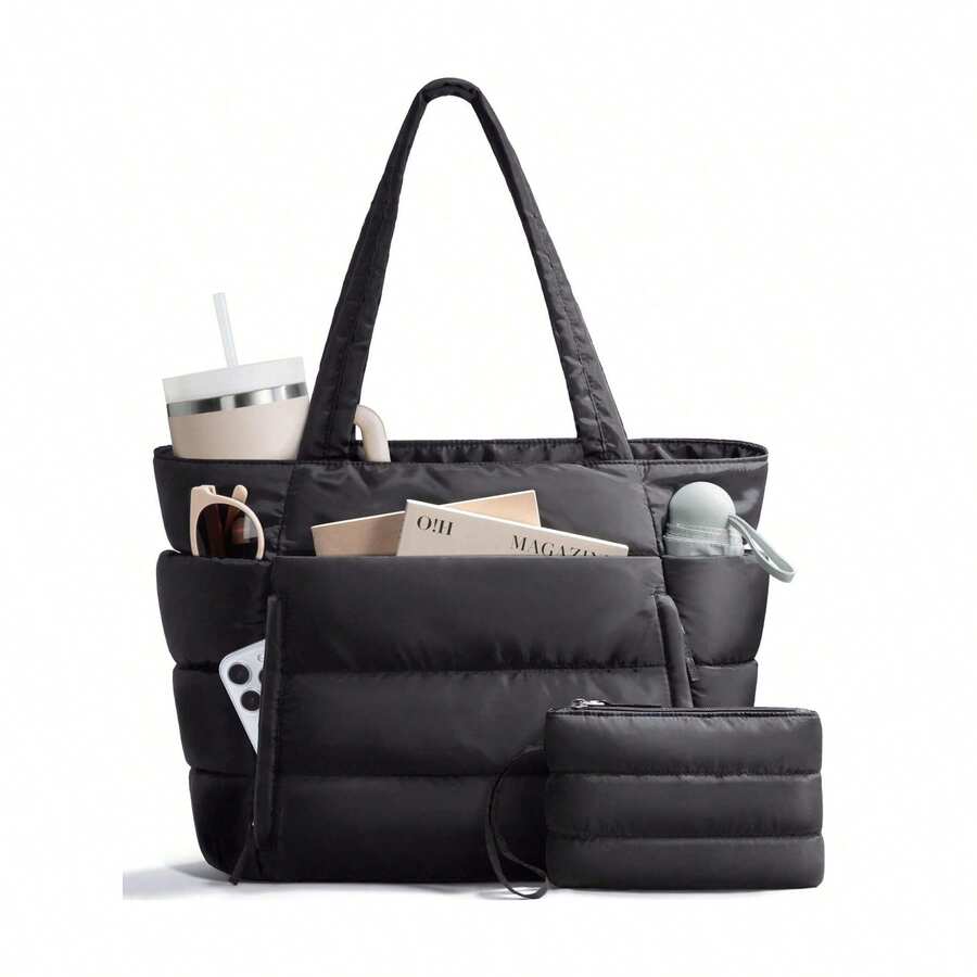 Puffer Tote Bag For Women, Lightweight Puffy Work Handbag Teacher Nurse Quilted Shoulder Bag For School Travel Gym - Black - View 1