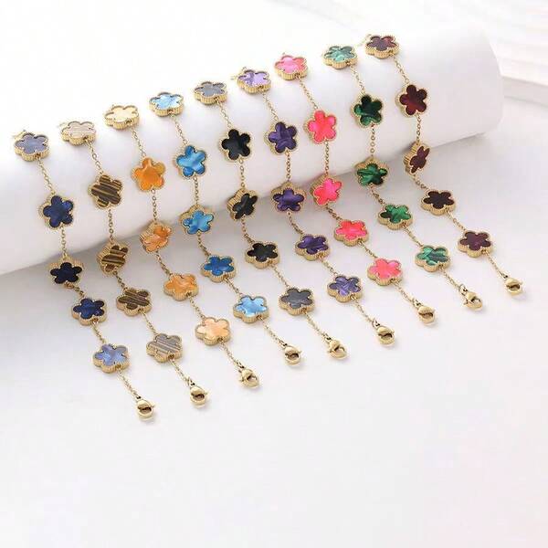 1pc Titanium Steel Colorful Four-Leaf Clover Bracelet - 18K Gold Plated Stainless Steel - Multi-Color Shell/Enamel - Symbol Of Luck & Fashion - Adjustable Women's Bracelet - Ideal Gift For Daily Wear And Special Occasions
