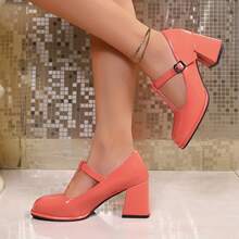Women's High Heels, Women's Thick Heels, Women's Shiny Thick Heels, Comfortable And Easy To Wear, Multiple Colors Available, Suitable For Daily Leisure, Commuting, Dance Party Shoes, Adjustable Instep Strap, Local Warehouse Delivery - 珊瑚橙 - 查看 3