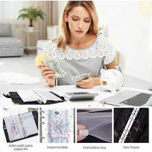 Organizador de Dinero A6, Organigastos Tipo Cartera Cuero con 12 Sobres Transparentes con Cierre, 12 Hojas de Planificador de Presupuesto de Finanzas, Libreta de Ahorro y Gastos con 3 Pegatinas, Rosa - Negro - Ver 6