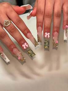 24pcs Long Bow Glitter Flower Nail Stickers With Press-On Nails, Cute Jelly Gel And Nail File Included For All Women - 彩色 - 查看 2
