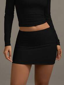 XLLAIS Women's Solid Color Pleated Bodycon Skirt - Black - View 3