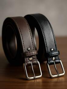 Set Of 2 Men's Leather Dress Belts With Stitching Detail, Plus Size - 一組兩條黑/棕色皮帶 - 查看 2