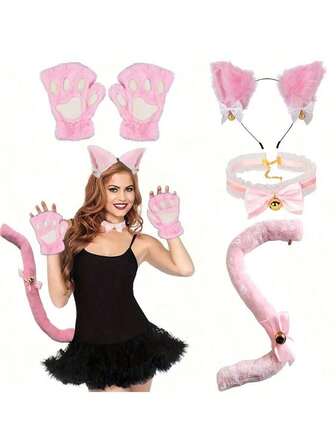 5 套圣诞节服装配饰 - 粉色柔软猫耳头箍、手套、尾巴和铃铛项链 - 适合作为派对装饰，适用于动物主题活动、派对、嘉年华、音乐节和圣诞派对。