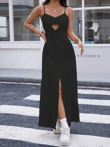 REF:AS1826 - Long Dress With Thin Straps And Front Slit: Elegance And Sensuality In The Same Look - Black - View 3