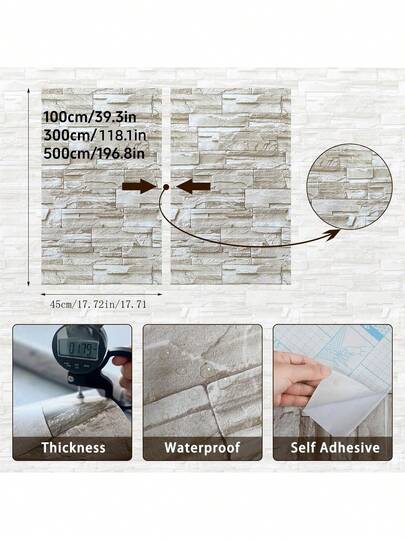 1Roll Faux Brick Wallpaper Peel Stick 17.71" X196.8in/ 118.11in/39.3in Stone Contact Paper Self Adhesive Removable ative Wand Kitchen Backsplash Bedroom Living Room Stickers Furniture Renovation Waterproofing DIY Easy To Install, Panels, Paper, Wallpapers, ation Items Refresh Your Home, Rama Birthday Graduation view 2