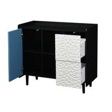Aparador buffet, armário preto com portas azuis, 2 gavetas com painel único e 2 compartimentos abertos, armário bar de café moderno, armário lateral para cozinha, sala de jantar - Azul - Ver 11
