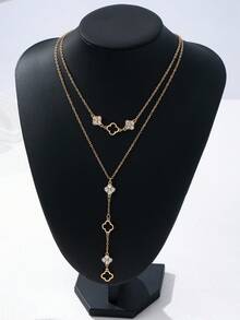 1pc Fashionable Crystal Clover Y-Shaped Multi-Layer Long Necklace