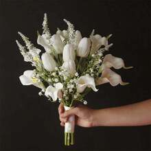1束白色人造郁金香，适用于新娘婚礼、伴娘捧花、新娘捧花、结婚纪念日装饰、生日派对用品、房间装饰、毕业礼物、夏季礼物、海滩礼物、返校用品 - 彩色 - 查看 3