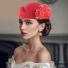 1pc Retro British Felt Headband Hat, Women's Church Derby Headpiece With Flower Decor, Soft Beret Cap