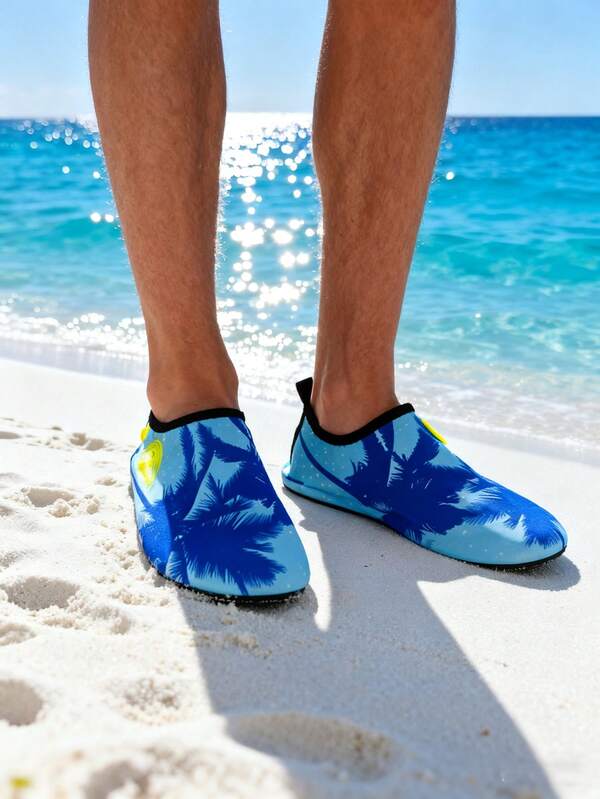 Men's Beach Shoes (Water Shoes) - Simple Blue Coconut Tree Pattern, Lightweight, Breathable, Quick - Drying And Ultra - Soft Soles