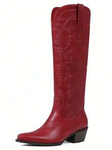 Knee High Western Boots For Women Retro Embroidered Cowboy Long Boots Outdoor Chunky Block Heeled Pointed Toe Side Zipper Cowgirl Boots Vintage Country Comfy Mid-Calf Embroidered Cowgirl Party Boots - Đỏ - Xem 5