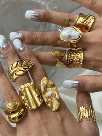 17KM Set de 9 anillos apilables con estilo vintage de moneda, metal geométrico y flores de perlas falsas, un regalo sencillo y elegante para mujeres, niñas y parejas para ocasiones como vacaciones, citas, fiestas, bodas, Navidad y San Valentín