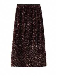 A Fitted Midi Skirt With Sequins And Lining. - Coffee Brown - View 1