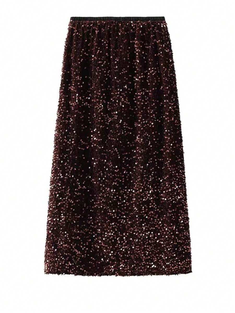 A Fitted Midi Skirt With Sequins And Lining. - Coffee Brown - View 1