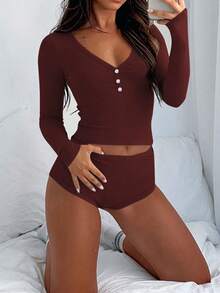 女士纯色长袖衬衫短裤两件套，休闲街头风性感穿搭，春夏款 - 棕色 - 查看 3