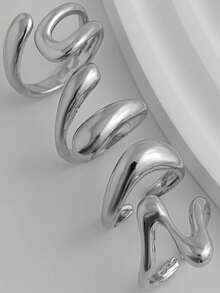 4pcs Set Asymmetrical Wide Shiny Silver Rings, Suitable For Women's Daily Wear - 銀色 - 查看 3