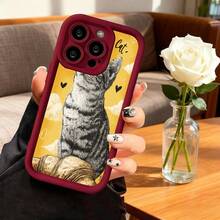 Cubierta de telefono con borde negro amarillo con estampado de gato y croissant para iPhone 14 Pro Max protector de pantalla elegante para uso diario y trabajo - Blanco - Ver 4