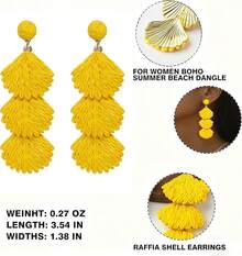 Raffia Dangle Earrings Women - Boho Statement Rattan Drop Jewelry With Design, Lightweight Summer Beach Accessories - Yellow - View 6