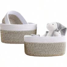 Juego de cestas de almacenamiento redondo de 3 piezas,canastas tejidas de cuerda de algodón natural para organizar Cesta pequeña para Montessori,guardería de bebé,Cesta de juguetes para perros y gatos - Borde blanco - Ver 8