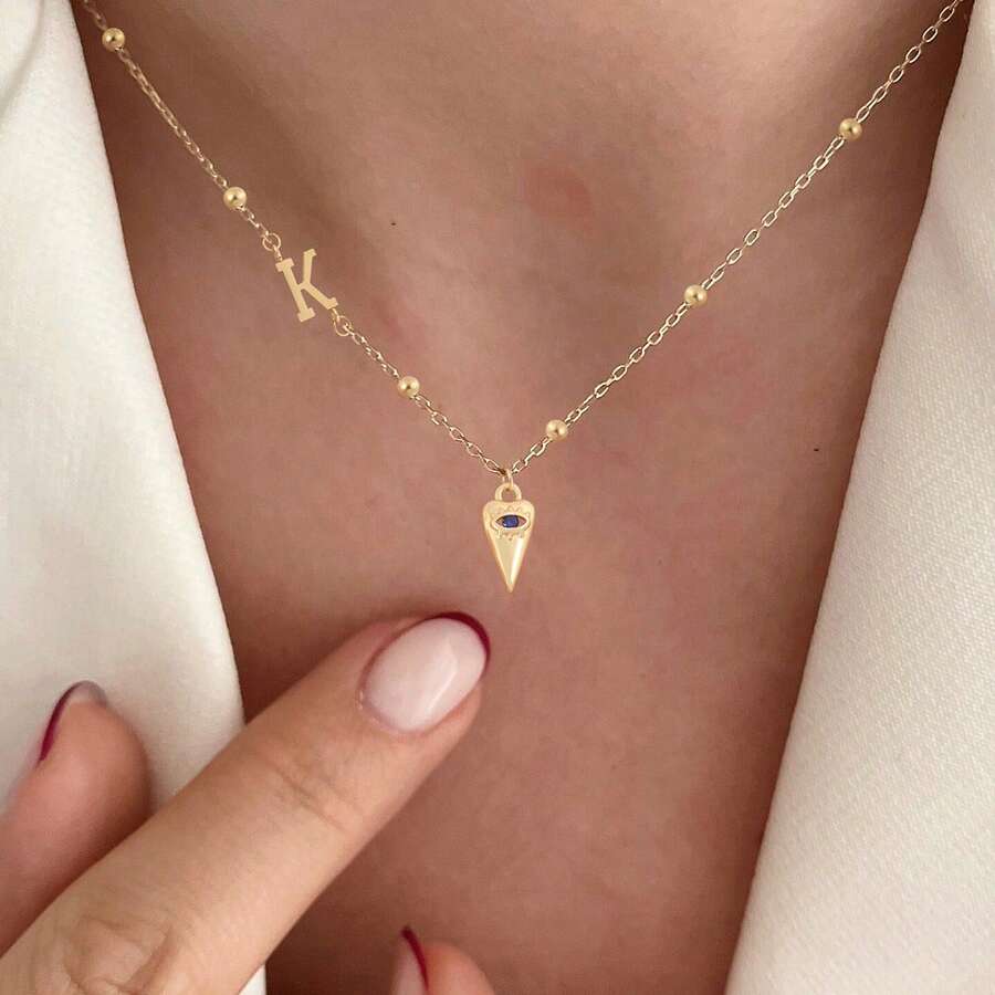 1pc New Fashion Initial Heart Eye Pendant Golden Stainless Steel Bead Chain Necklaces For Women - Yellow Gold - View 1