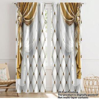 2pcs 2D Golden & White Geometric Diamond Luxurious Palace Style Christmas Curtains, Made Of Polyester Fiber, Suitable For Rental House, Living Room, Kitchen, Bedroom, Removable And Machine Washable, Small Window Curtains