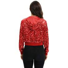 Women's Sequin Zip-Up Hooded Jacket With Ribbed Hem And Long Sleeves For Party Wear - Red - View 2