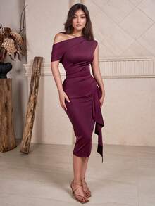 CurvySweet Fashionable Classic Elegant Asymmetric Off-Shoulder Ruffle Drape Fitted Midi Dress, Party Dress - Burgundy - View 9
