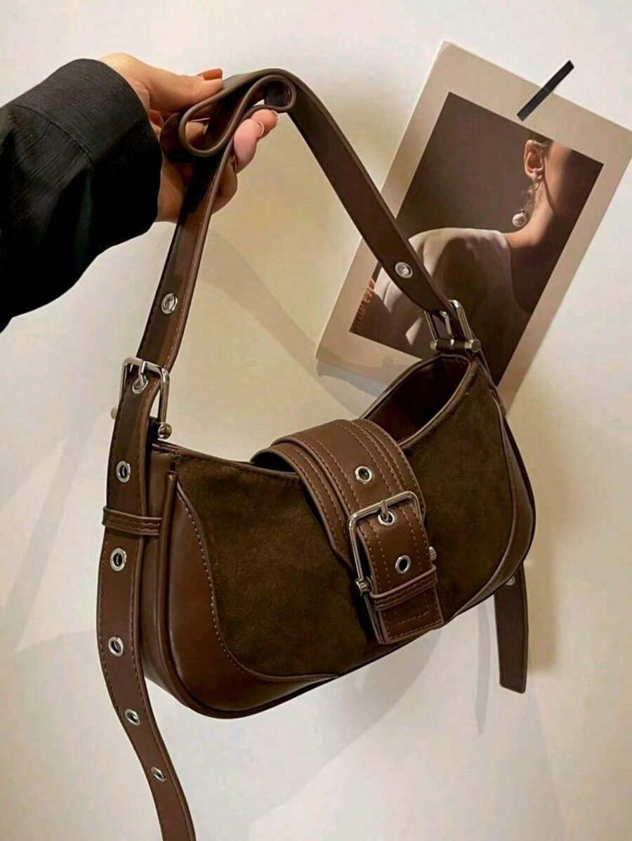 Retro Sweet-Edgy Girl Biker-Style Underarm Bag Niche Textured Crescent Bag With Metal Ventilation Holes Crossbody Shoulder Bag Designed For Women, Ideal For Commuting - 咖啡棕 - 查看 1