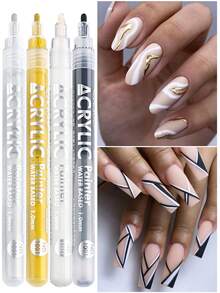 Gel & Acrylic Nail Art Pens Set - Golden Silvery Black White DIY Drawing Marker For Dotting, Lining & Graffiti On Nails, Includes Highlighter & Outline Tools For Salon Or Home Manicure, Precision Painting Supplies 4pcs - Multicolor - View 7