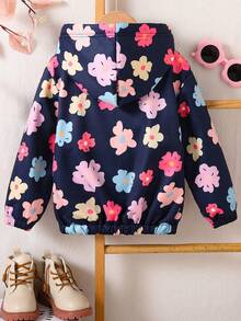 Ciepła, gruba kurtka termiczna z kapturem i nadrukiem w kwiaty dla nastolatek