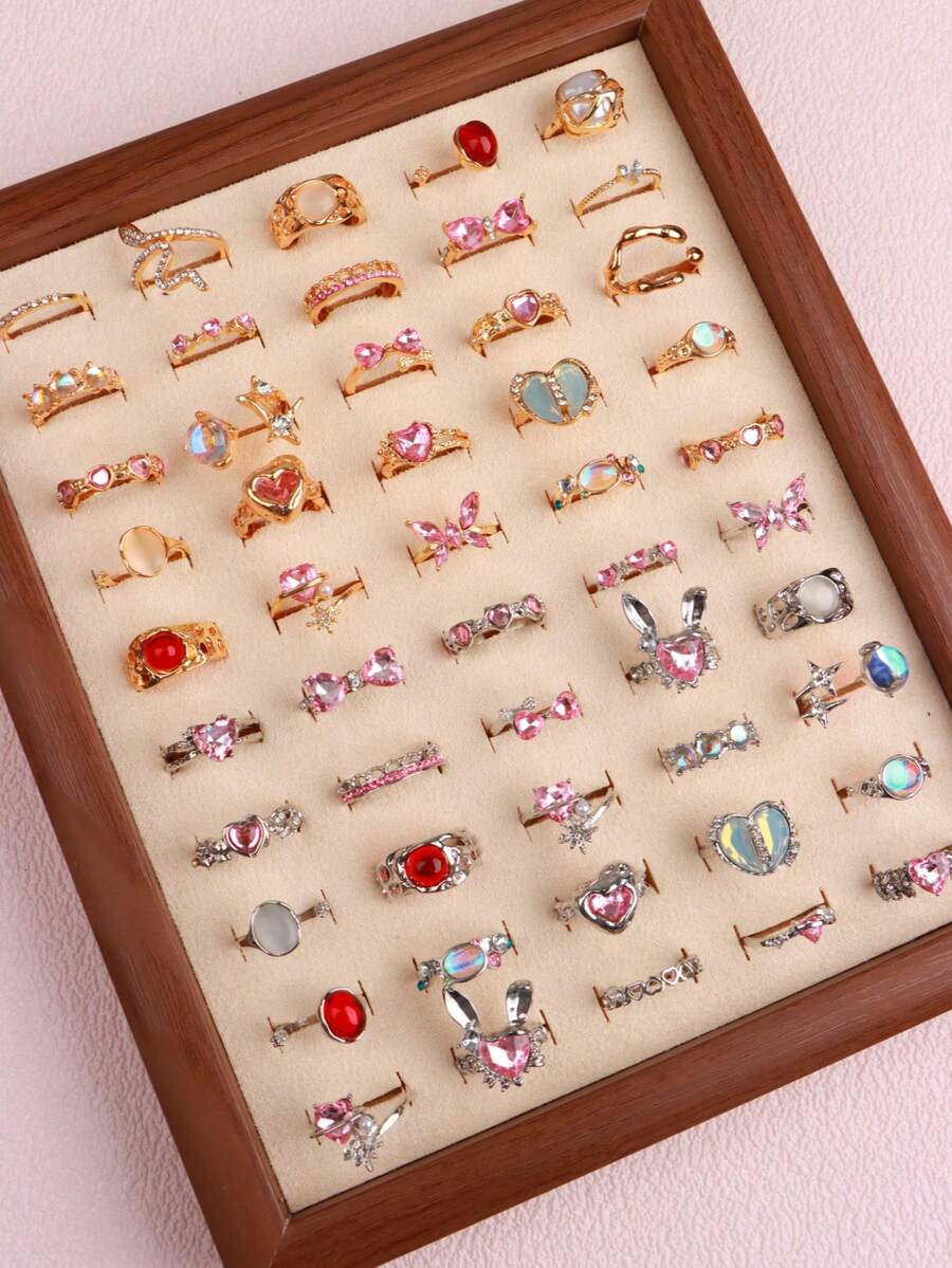 20Pcs/Set Fashion Elegant Pink Rhinestone Girl Rings Set Irregular Design Rabbit Bow Mixed Style Jewelry Daily Party Friends Gifts Accessories