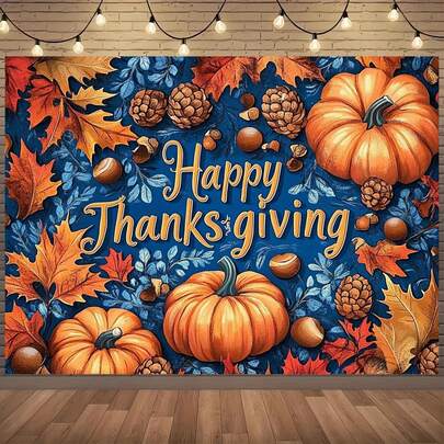 1PC Colorful Autumn Leaves Thanksgiving Backdrop Banner - Vibrant Autumn Harvest Design With Pumpkins, Berries And "Happy Thanksgiving" Text, Suitable For Indoor And Outdoor Weddings, Parties, Christmas, Birthdays, Graduations - Multiple Sizes, Multi-Functional Party Backdrop, Suitable For Unisex Decorations, Indoor And Outdoor Decorations, Photography Studios, Garden Decorations, Party Decorations And Phone Booths.