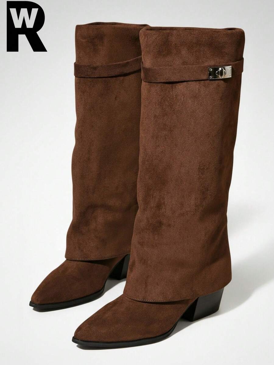 بوت طويلة حتى الفخذ بطرف مدبب نحيف من طراز قديم، بوت طويلة فوق الركبة للنساء، بوت كاوبوي غربية - قهوة بني - مشاهدة 1