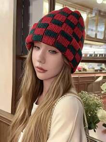 Classic Autumn/Winter Checkerboard Knit Beanie Hat For Women, Korean Fashion Chic, Suitable For Large Head Circumference, Warm Knitted Cap, Versatile Christmas Accessory